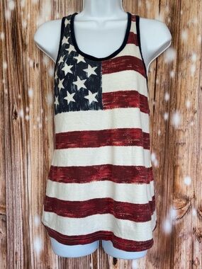 US Vintage Sleeveless Scoop Neck Flag Blue Red Off White Tank